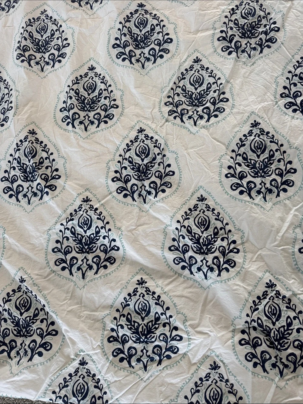 West Elm Queen Duvet Cover Jay Street Block Print Cotton Floral Blue White